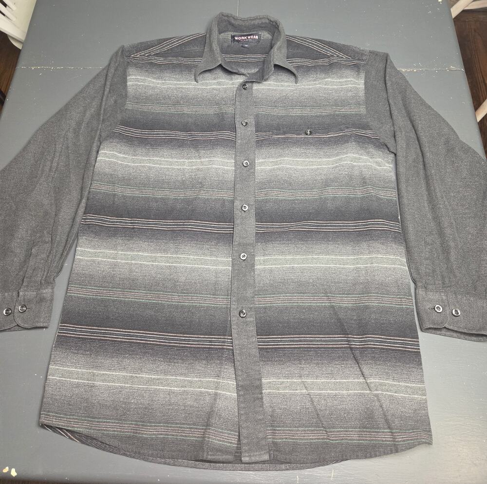 Vintage Workwear Flannel Shirt Mens Medium Gray Striped Button Up Long Sleeve